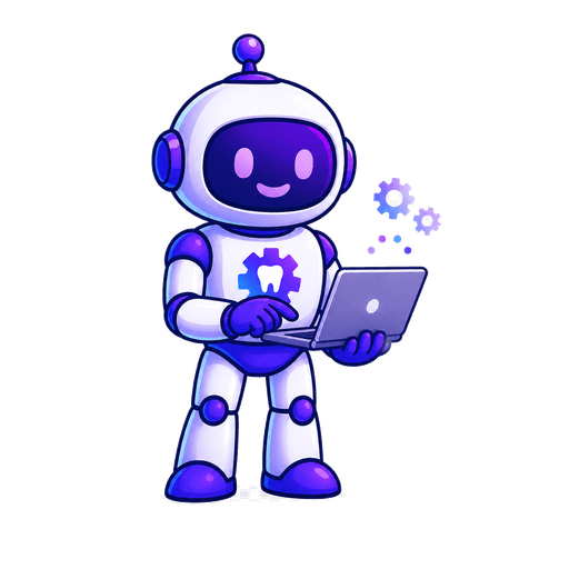 Robo, the MyDentalForce mascot, working at a laptop