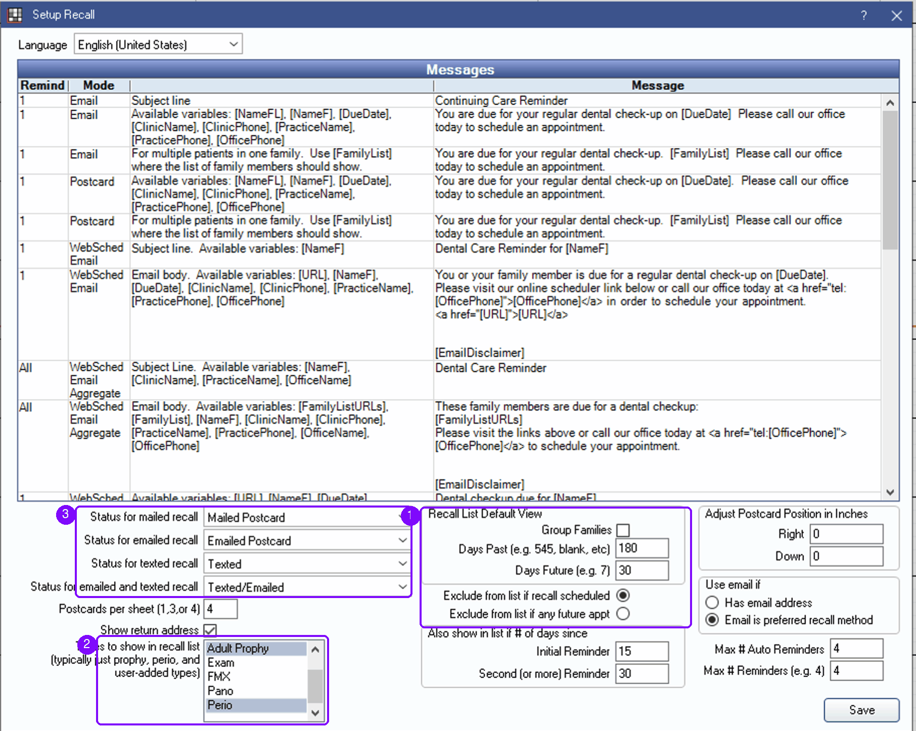 OpenDental Setup Recall window with the recall list default view, the types shown on the list, and the automatic recall statuses highlighted