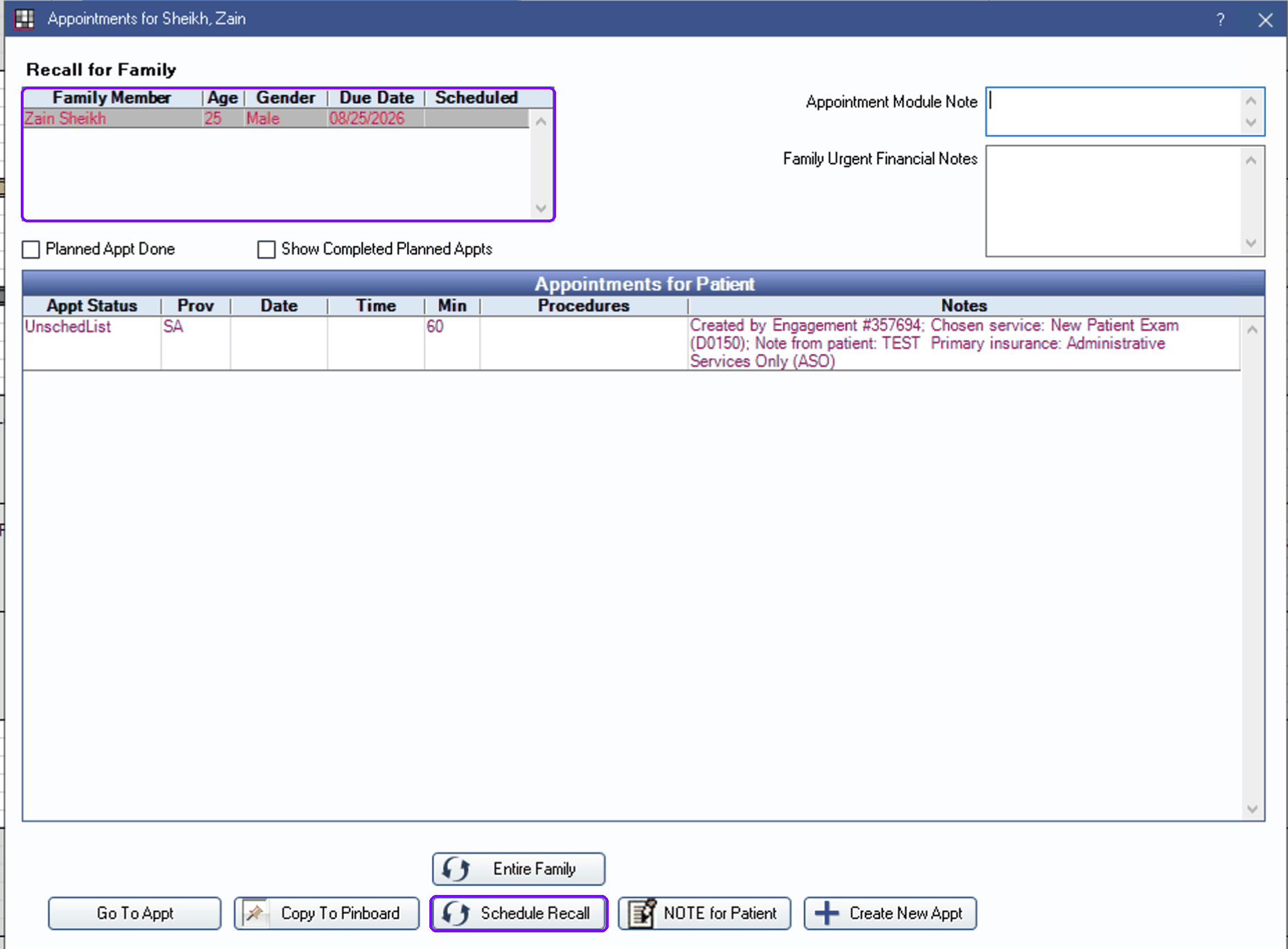 OpenDental patient appointments window showing the family recall grid with an overdue member in red and the Schedule Recall button