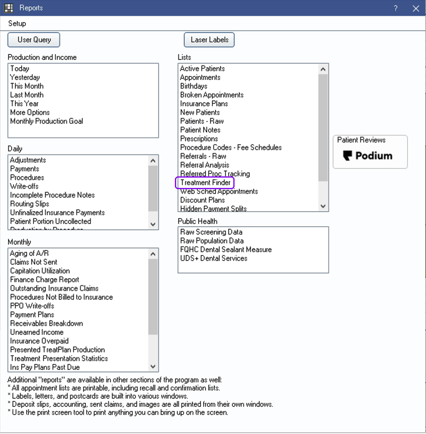 OpenDental Standard Reports window with the Treatment Finder highlighted under the Lists column